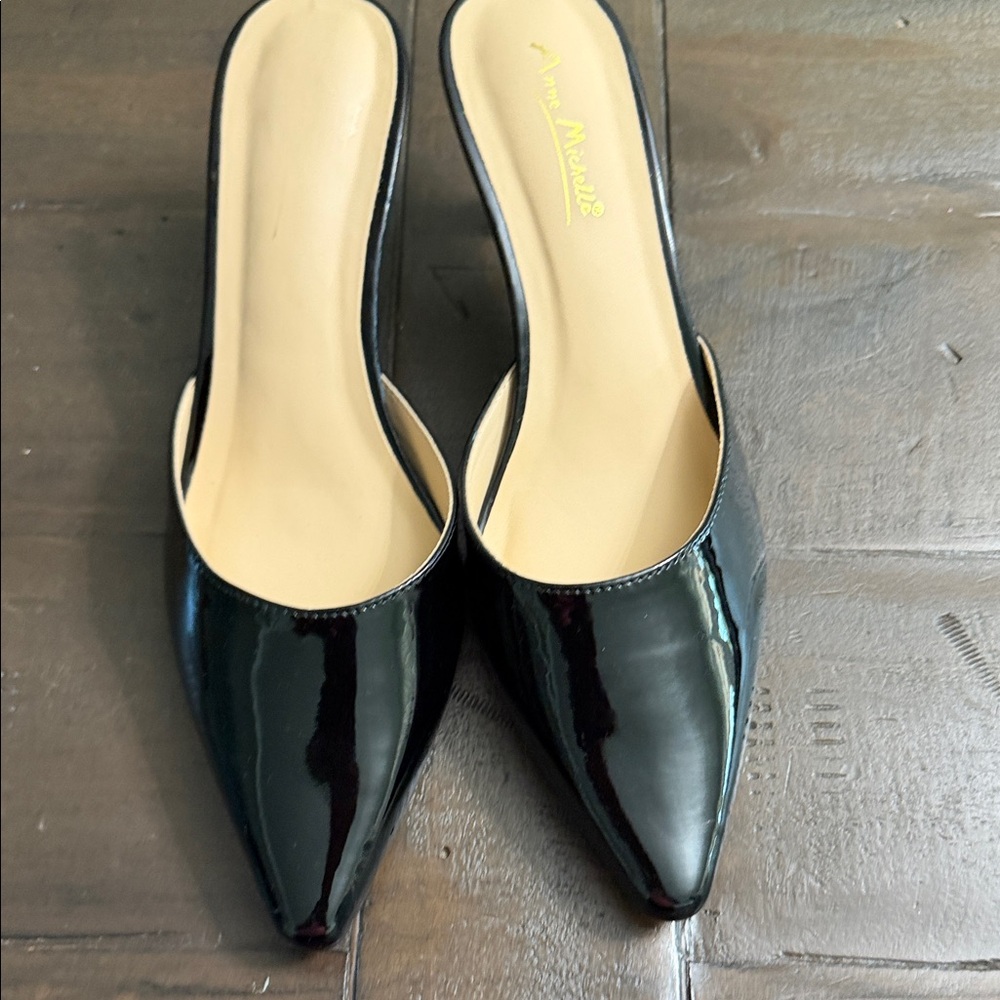 Anne Michelle Black Patent Pointed Toe Slip-On Mules